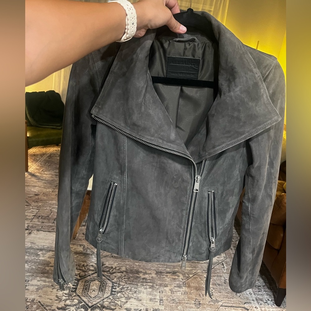 All saints Suede Ellis Leather Biker Jacket slate grey size 2 - Picture 11 of 11